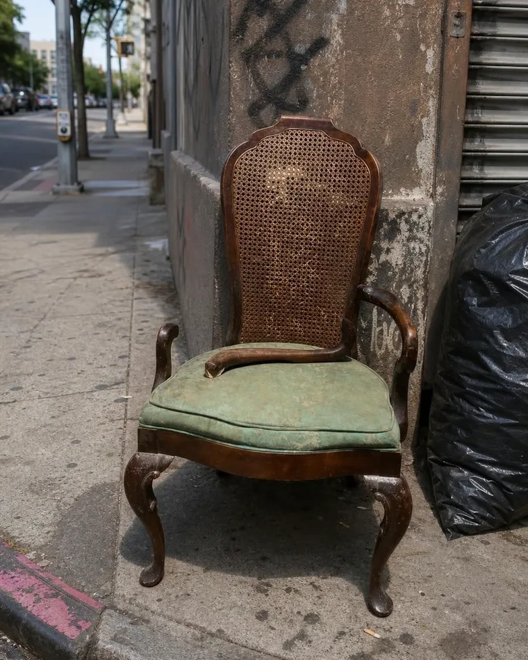 An armchair abandoned on a New York sidewalk