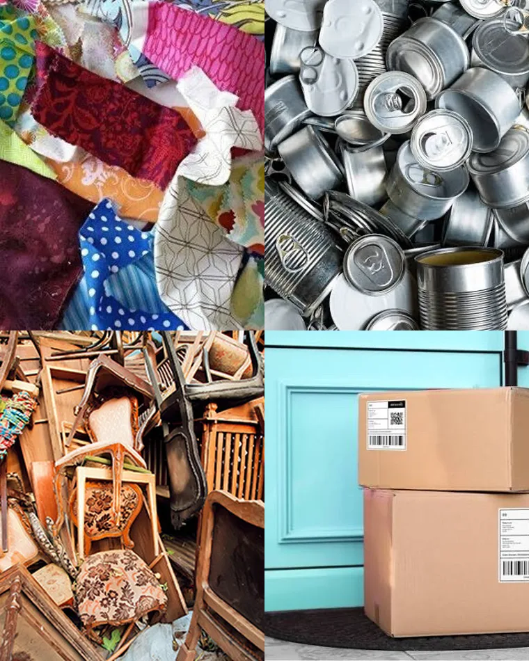 Fabric scraps, tin cans, discarded furniture and cardboard packages