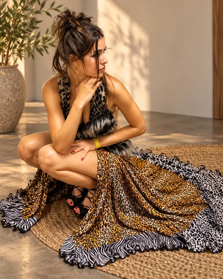 Antonia wearing a dress made from surplus material